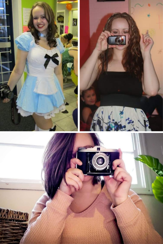 collage of photos of person holding different cameras